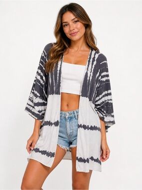 WILLOW ROOT Tie-Dye Open Front Kimono Cardigan - Gray/White